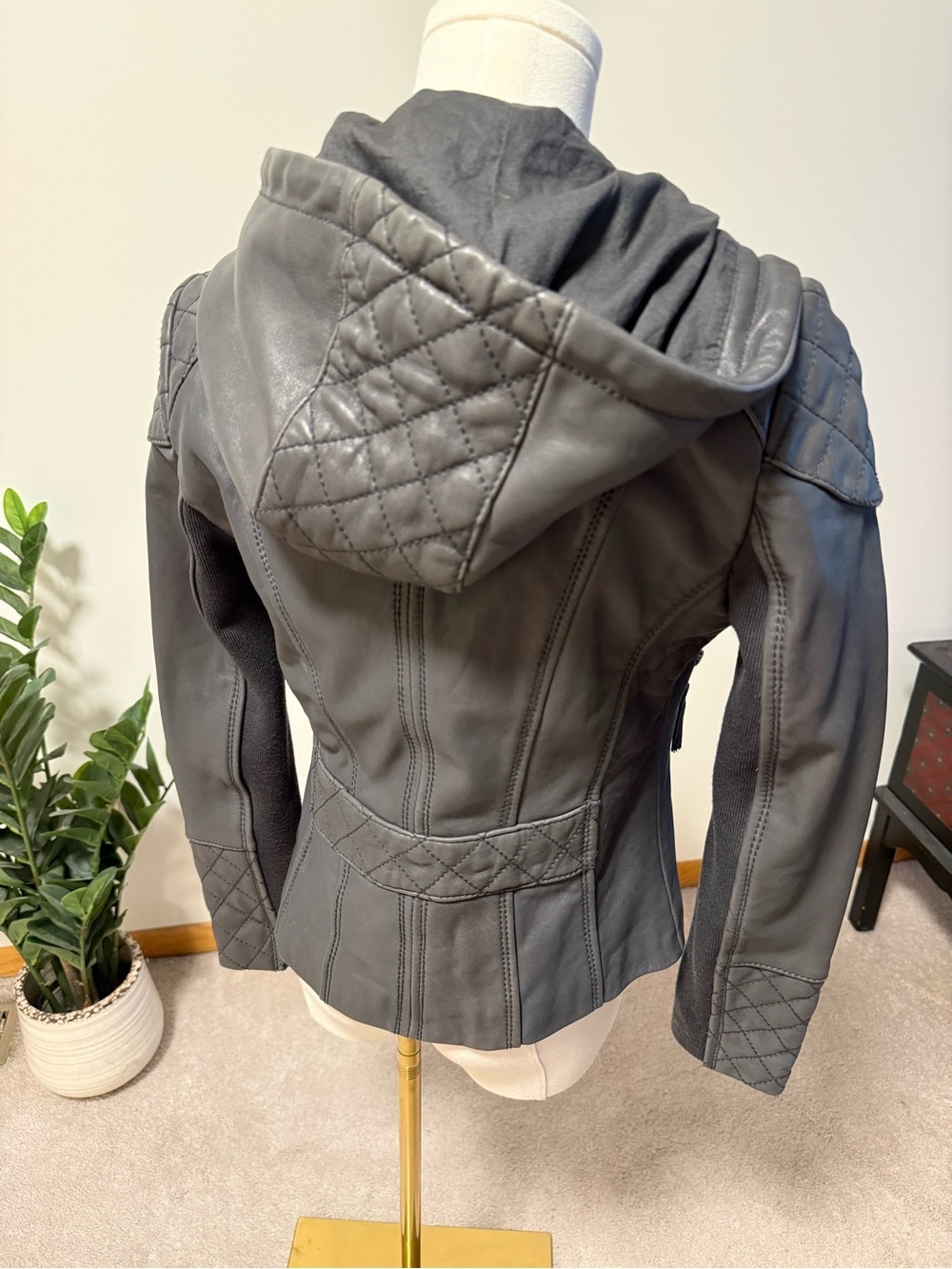 Michael Kors Slate Gray Hooded Moto Jacket Ribbed Knit Panels S - Picture 3 of 10